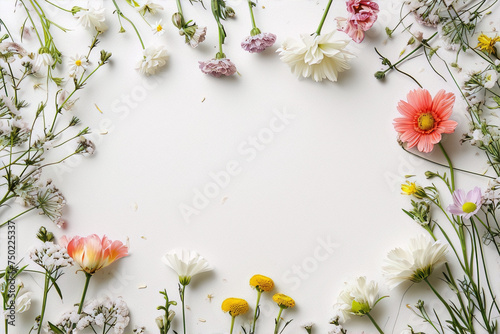 An overhead shot of a variety of colorful flowers arranged on a white surface.