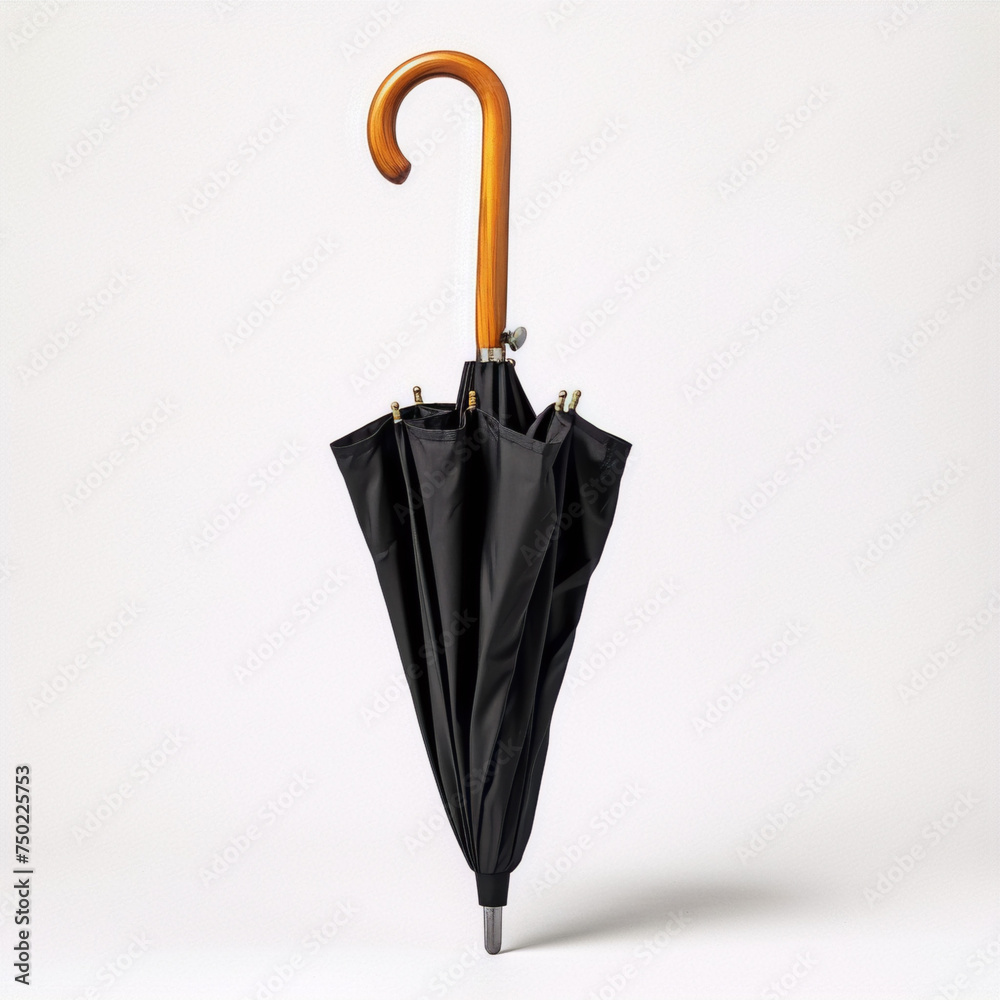Black closed umbrella with wooden handle isolated on white background ...