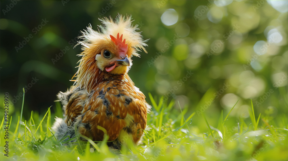 Fototapeta premium A fluffy chicken with a punk rock hairdo stands proudly in a lush green field, embodying the essence of springtime and nature's vibrant energy.