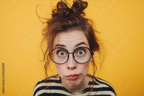 Funny cross eyed girl with messy bun hair wearing glasses and striped shirt on yellow background photo
