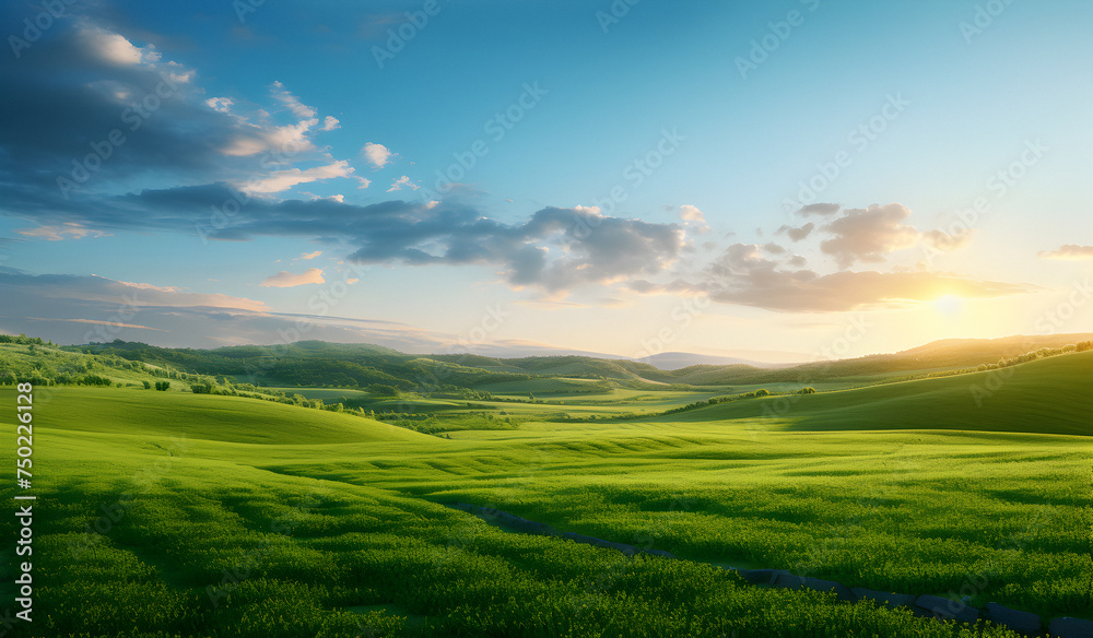 Green field, blue sky, white clouds, beautiful landscape, beautiful green valley, spring grass,