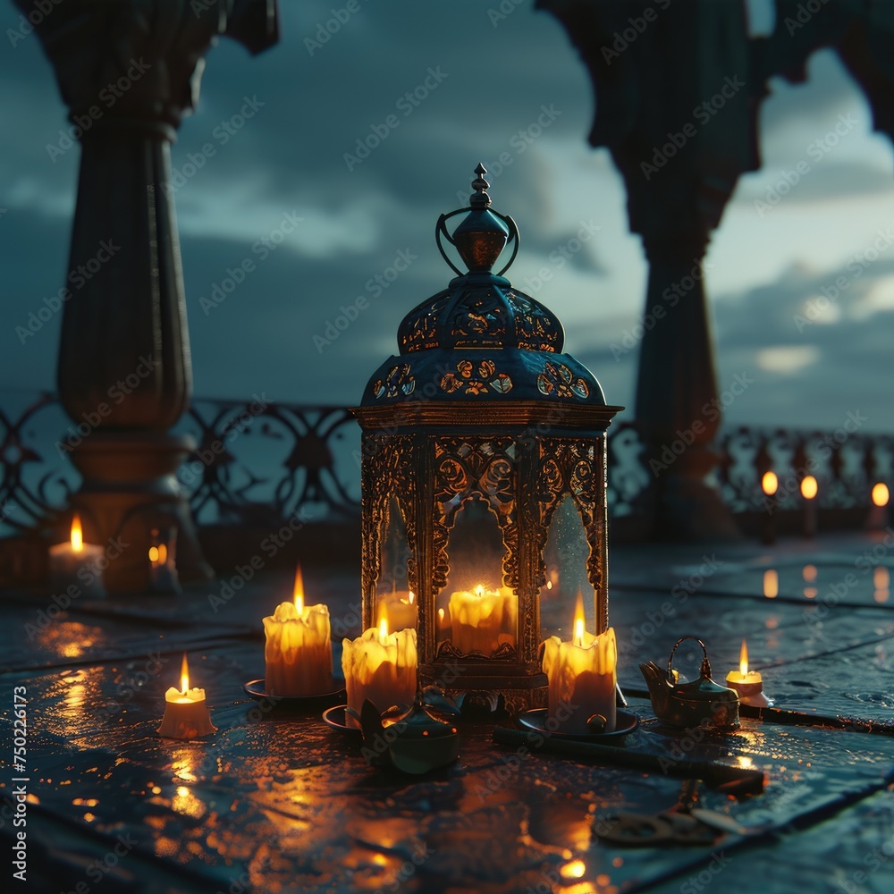 In this evocative image, a radiant Ramadan lantern illuminates the surroundings, symbolizing the holy month's spiritual warmth, cultural richness, and festive joy In this evocative image, a radiant Ramadan lantern illuminates the surroundings, symbolizing the holy month's spiritual warmth, cultural richness, and festive joy