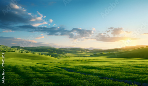 Green field, blue sky, white clouds, beautiful landscape, beautiful green valley, spring grass,