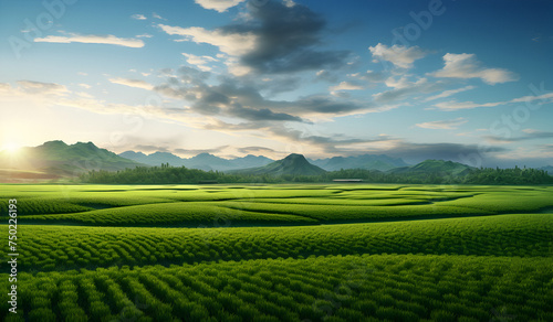 Green field  blue sky  white clouds  beautiful landscape  beautiful green valley  spring grass 