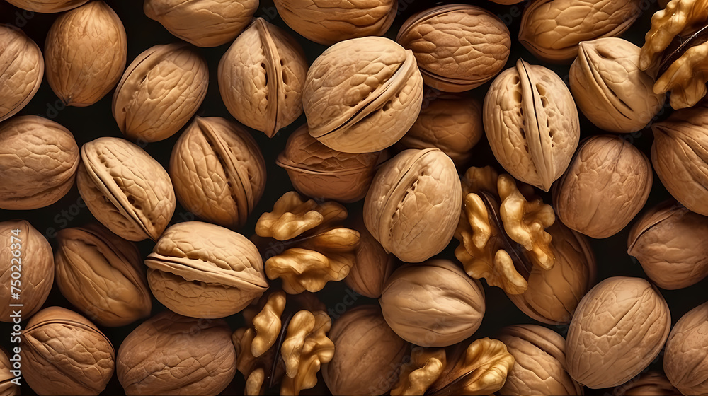 Background with walnut nuts, top view of nuts Background with walnut nuts, top view of nuts