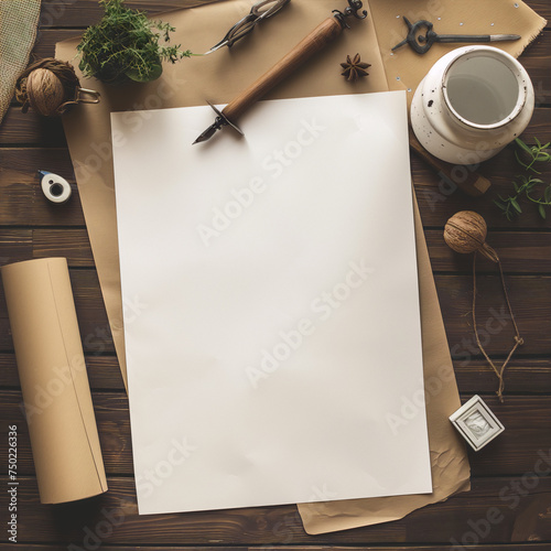 Retro styled still life of a blank sheet of paper on a wooden table with various office supplies and natural elements arranged around it.