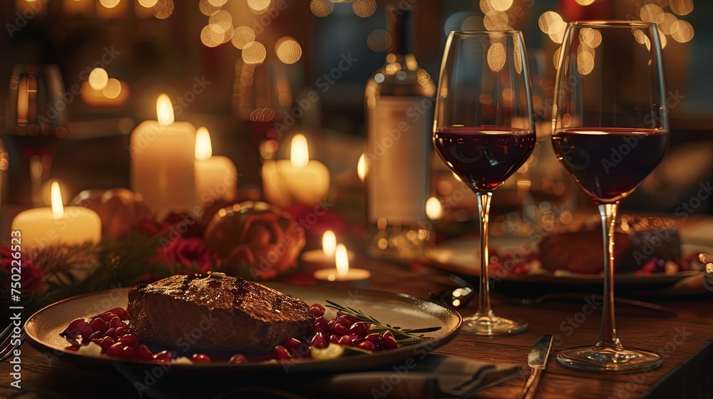 Romantic dinner with glass of wine and meat dish. Background concept Romantic dinner with glass of wine and meat dish. Background concept