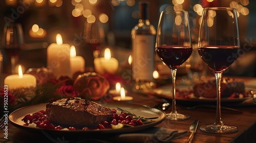 Romantic dinner with glass of wine and meat dish. Background concept