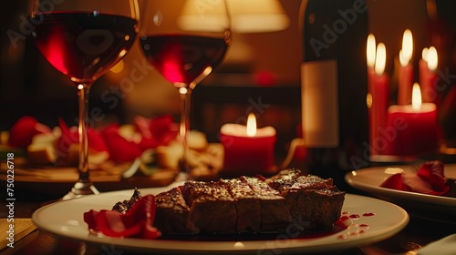 Romantic dinner with glass of wine and meat dish. Background concept