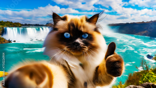 Himalayan cat taking selfie by Niagara falls, one paw holding camera, one paw doing thumb up, travel to Canada, Ontario, waterfall, wallpaper and wall art