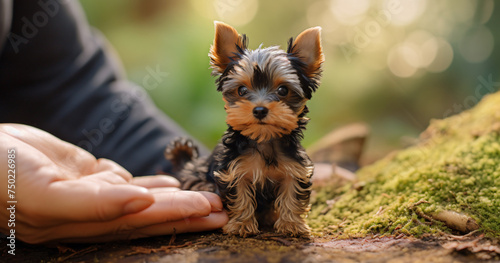 dog miniature hand, tiny small dog, finger tip, blurred background © elina