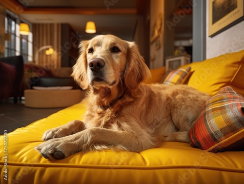 Relaxed dog lounging in bed. A content dog lying enjoying a lazy day on a plush bed. Concept of pets friendly hotel or home bedroom. Pet in hotel room