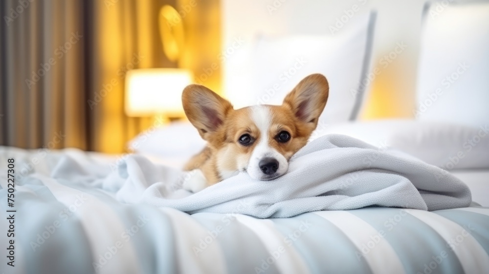 Relaxed dog lounging in bed. A content dog lying enjoying a lazy day on a plush bed. Concept of pets friendly hotel or home bedroom. Pet in hotel room Relaxed dog lounging in bed. A content dog lying enjoying a lazy day on a plush bed. Concept of pets friendly hotel or home bedroom. Pet in hotel room