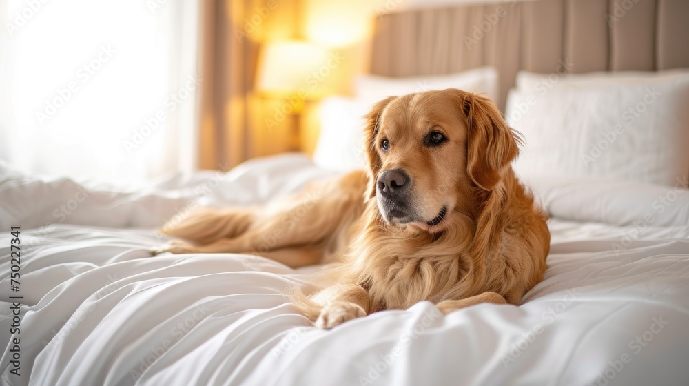 Relaxed dog lounging in bed. A content dog lying enjoying a lazy day on a plush bed. Concept of pets friendly hotel or home bedroom. Pet in hotel room