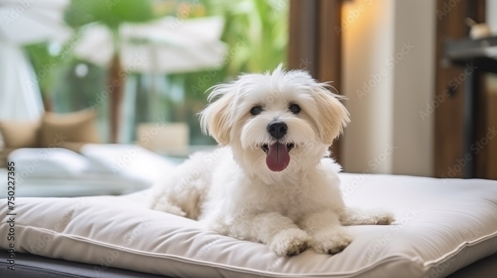 Relaxed dog lounging in bed. A content dog lying enjoying a lazy day on a plush bed. Concept of pets friendly hotel or home bedroom. Pet in hotel room Relaxed dog lounging in bed. A content dog lying enjoying a lazy day on a plush bed. Concept of pets friendly hotel or home bedroom. Pet in hotel room