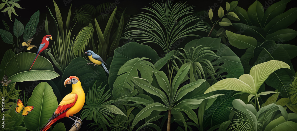 custom made wallpaper toronto digital Jungle, tropical illustration. Tropical night floral palm trees, plants, wild birds black background. Exotic dark jungle wallpaper for kids room, interior design. mural art.