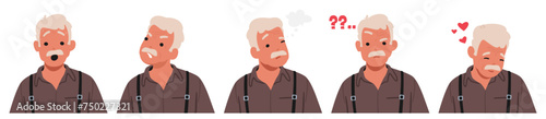 Old Man Face Displays Range of Emotions. Wrinkled Senior Male Character Feels Shock or Surprise, Anger, Thinking