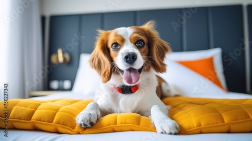 Relaxed dog lounging in bed. A content dog lying enjoying a lazy day on a plush bed. Concept of pets friendly hotel or home bedroom. Pet in hotel room © Rodica