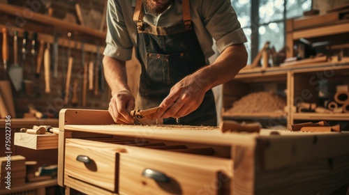 An experienced artisan carefully shapes wooden elements, demonstrating the art of fine woodworking in his cluttered workshop. AIG41