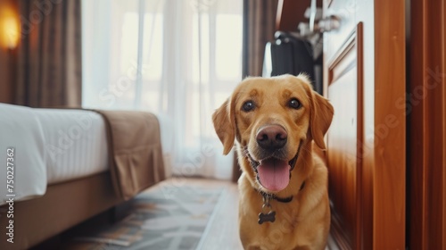 A friendly Golden Labrador with a welcoming smile stands in the doorway of a warmly lit home or hotel room. Hotel pet friendly, space pet friendly, dog welcome. Travel with a dog