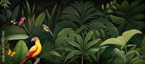  Jungle, tropical illustration. Tropical night floral palm trees, plants, wild birds black background. Exotic dark jungle wallpaper for kids room, interior design. mural art.
