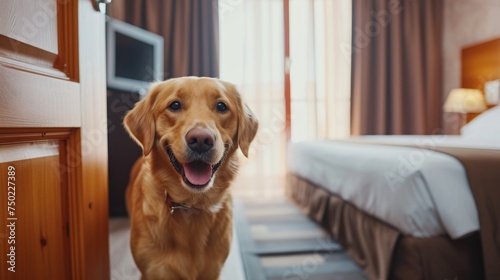 A friendly Golden Labrador with a welcoming smile stands in the doorway of a warmly lit home or hotel room. Hotel pet friendly, space pet friendly, dog welcome. Travel with a dog