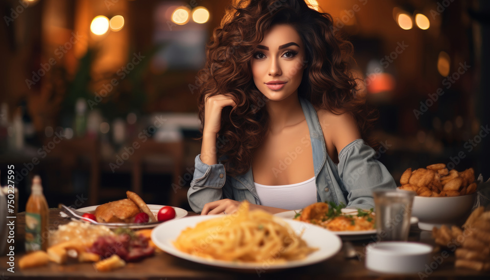 Sexy young woman sitting at table in a restaurant, ready to eat a lot of food looking at camera. Streamer or influencer recording Mukbang content at night. Generative AI.