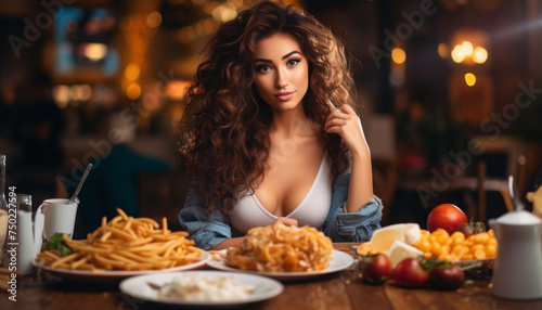 Sexy young woman sitting at table in a restaurant  ready to eat a lot of food looking at camera. Streamer or influencer recording Mukbang content at night. Generative AI.