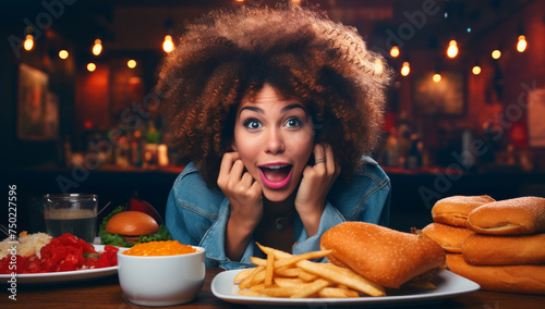 Young black woman with parodic expression sitting at table in a restaurant, ready to eat a lot of food looking at camera. Streamer, or influencer recording Mukbang content at night. Generative AI. photo