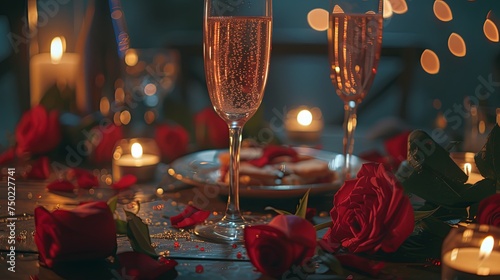 Romantic dinner with glass of wine and sweet cake dish. Background concept photo