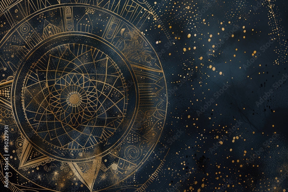 Obraz premium A celestial-themed mandala with intricate geometric patterns and gold metallic highlights 