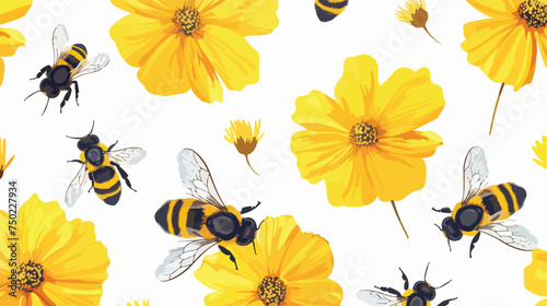 Seamless pattern with bee cartoons and yellow flower