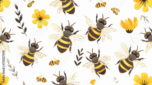 Seamless pattern with bee cartoons and yellow flower © visual