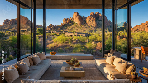 View from a enclosed patio in a house in the Southwest desert photo