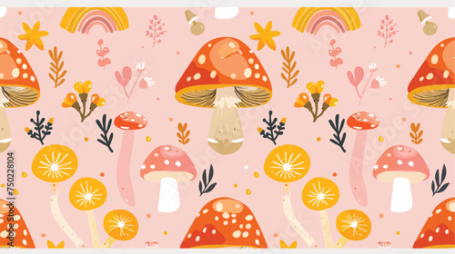 Seamless pattern with mushroom cute flower and rainb