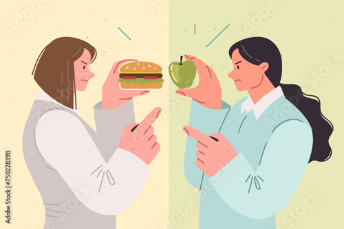 Dispute over choosing right diet between two women holding burger and apple to satisfy hunger