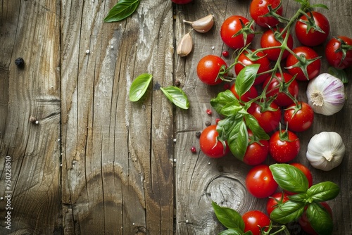 Cherry tomatoes garlic and basil on vintage wood table in a rural still life view from above with garden harvest background and space for text
