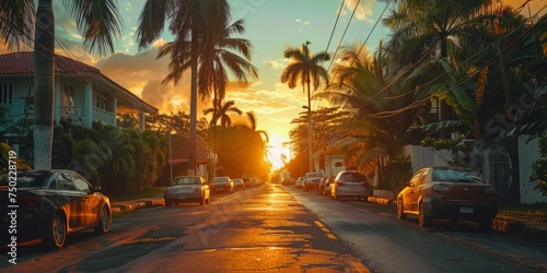 Picturesque street in Dominican Republic at sunset photo