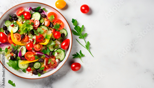 Top view fresh vegetables salad banner, fspace for text, grey stone background avocado, cherry tomato, lettuce, pepper, dill, spices