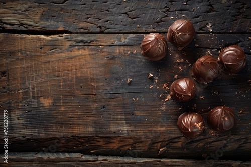 chocolate pralines placed on aged wood