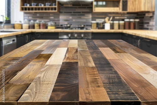 Blank wood table in modern kitchen with blur background perfect for product placement