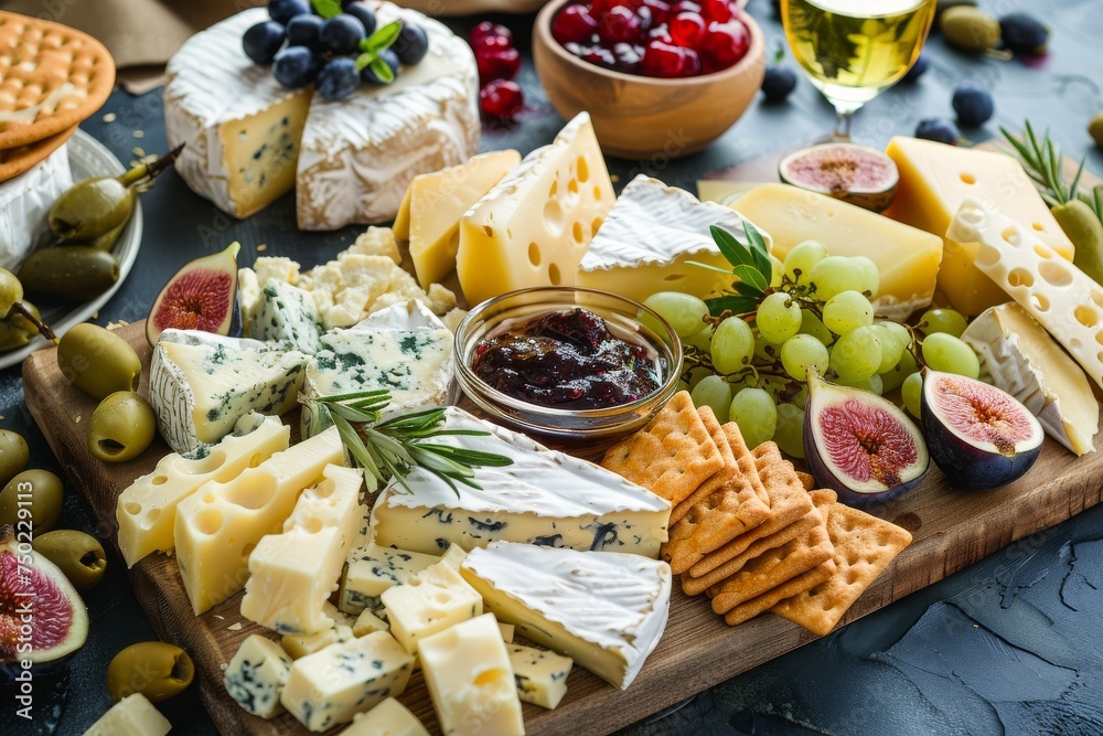 Assorted cheese board with crackers breadsticks figs olives and berries