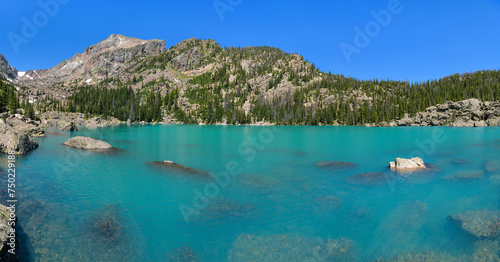  Lake Haiyaha - A panoramic view of colorful lake Haiyaha, with Hallett Peak towering at shore, on a sunny and calm Summer day. Rocky Mountain National Park, Colorado, USA. photo