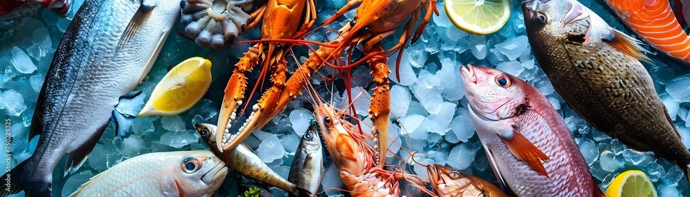 Fresh Seafood Display on Ice at a Market - obrazy, fototapety, plakaty 