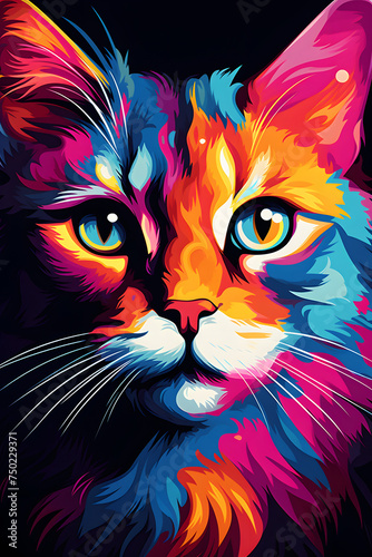 Pop art portrait of a cat, beautiful illustrated colorful portrait of a cat