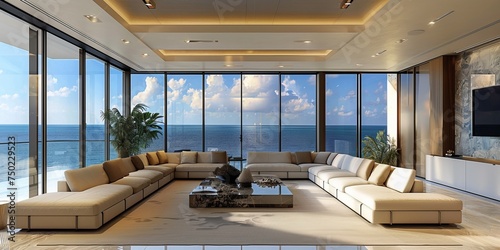 luxurious and modern living room with a breathtaking view of the ocean at sunset