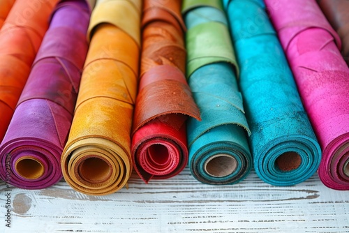 Colorful leather rolls on a white wooden backdrop for leather crafting photo