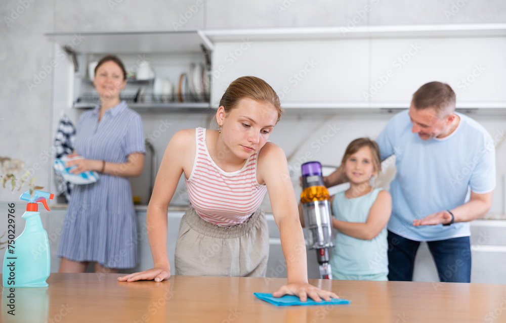 Joint family house cleaning, household help. Daughter clean kitchen