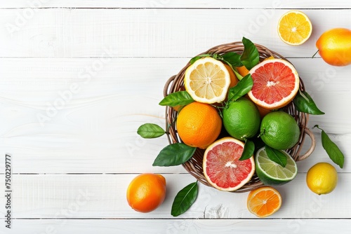 Citrus fruits in basket on white wooden background top view with space for text