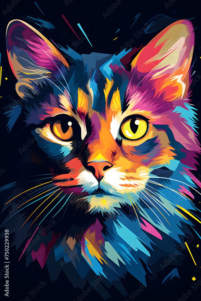 Pop art portrait of a cat, beautiful illustrated colorful portrait of a cat